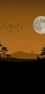 Moonlit forest with deer and birds silhouetted against distant mountains.