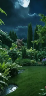 Serene moonlit garden with lush greenery at night.