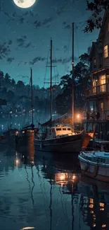 Moonlit harbor with boats and reflections under a starlit sky