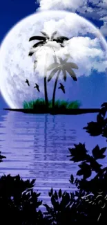 Moonlit island with palm trees and calm water reflection.