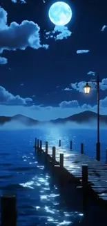 Moonlit lake with wooden pier and glowing lamp under a starry night sky.