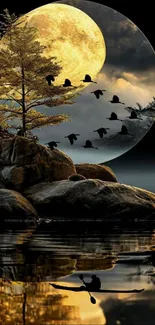 Serene moonlit lake with tree and birds reflection.