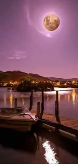 Moonlit lake scene with boat and dock under a purple night sky.