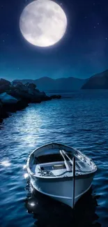 Boat on a moonlit lake with a dark blue sky.