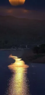 Moonlit lake scene with tranquil reflections in a dark natural setting.