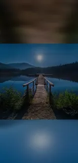 Moonlit lake view with a wooden dock, serene night sky reflecting on water.