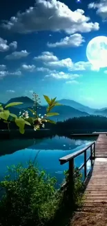 Moonlit lake scene with a wooden dock and mountains under starry night sky.