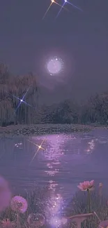 Tranquil moonlit lake with vibrant flora under a starry night sky.