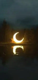 Crescent moon reflects over tranquil night landscape.