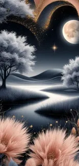 Moonlit landscape with river and trees.