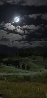 Moonlit landscape with glowing moon and hills at night.