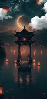 Tranquil night scene with pagoda and lanterns under a crescent moon.