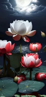 Moonlit lotus blossoms reflecting on a tranquil pond at night.