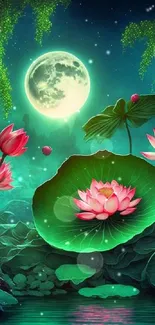 Moonlit lotus pond with vibrant flowers and lush greenery.