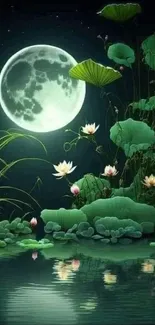 Moonlit lake with lotus flowers and dark green leaves.