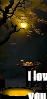 Moonlit love scene with candles and tree silhouette at night.