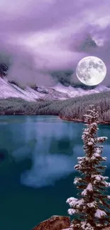 Moonlit mountain lake with snowy trees reflecting in tranquil waters.