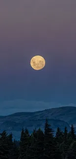 Full moon over mountains with twilight sky and silhouettes of trees.