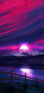 Moonlit landscape with pink sky and mountain backdrop.