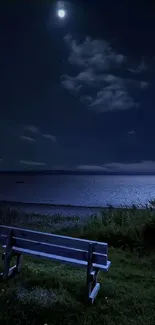 A serene moonlit night over a calm sea with a bench in the foreground.