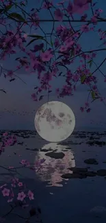 Serene moonlit night with cherry blossoms over water.