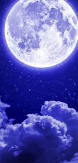 Moonlit night sky with blue clouds and stars.