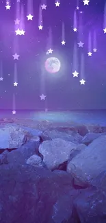 Purple moonlit night sky with rocky ocean view.