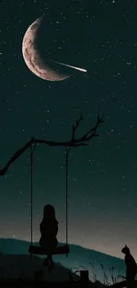 Silhouette on a swing under starry sky with crescent moon.