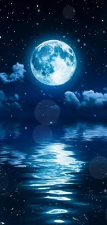 Moonlit night wallpaper with full moon reflected on water under a starry sky.