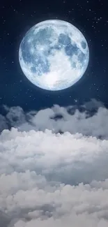 A full moon shining over clouds in a starry night sky wallpaper.