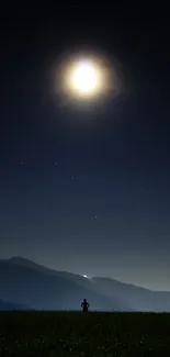 Silhouetted figure under glowing moon in nighttime landscape.