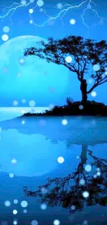 Moonlit night scene with tree reflection on a blue lake.