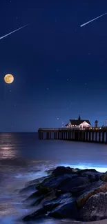 Moonlit ocean with pier and stars, perfect serene mobile wallpaper.