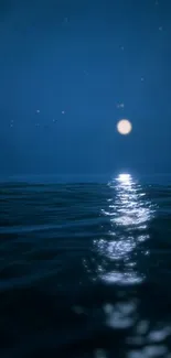 A serene moonlit ocean view under a starry night sky with gentle reflections.