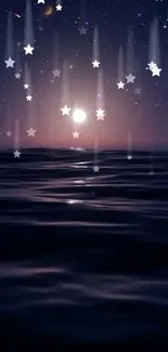 Tranquil ocean under a starry night sky with glowing moon.