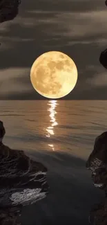 Full moon reflecting on ocean between rocky cliffs.