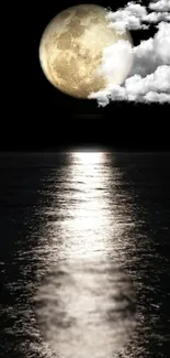 Serene moonlit ocean view with moon and clouds reflected in water.