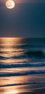 Full moon illuminating ocean waves, capturing serene nighttime beauty.