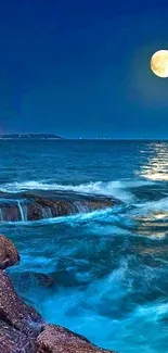 Moonlit ocean with serene waves under a luminous night sky.