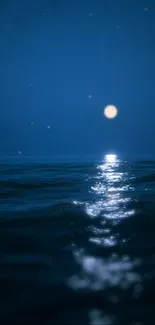 Serene moonlit ocean with a calming blue night sky and shimmering reflections.