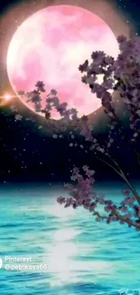 Serene wallpaper with pink moon and ocean.