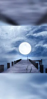 Moonlit pier over calm waters with cloudy night sky in mobile wallpaper.