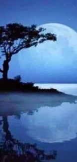 Moonlit tree reflecting on a calm lake under a serene night sky.