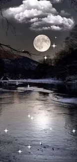 A serene moonlit river with calm water and a full moon in a dark night sky.