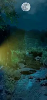 Serene moonlit river with glowing trees and a starlit sky.