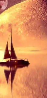 Sailboat reflects on water under a bright, large moon in a peach-toned sky.