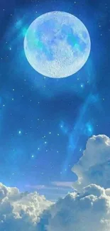 Mobile wallpaper with a full moon in a starry blue sky over clouds.