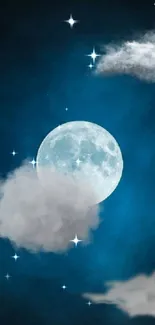 Moonlit sky with stars and wispy clouds on a deep blue background.