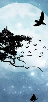 Night sky wallpaper with moon and flying birds under a tree silhouette.