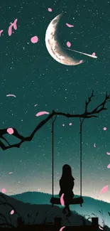 Silhouette swing under teal moonlit sky